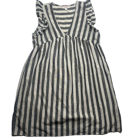 Andree By Unit S Women’s Empire Knee Striped Dress 100%Cotton Minimalist GrayWht - Picture 1 of 8